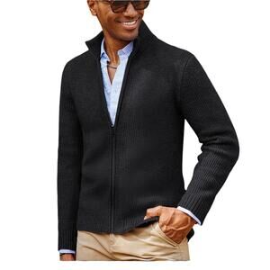 Men’s Black Stand Collar Zip-Up Cardigan Textured Knit Sweater Size L